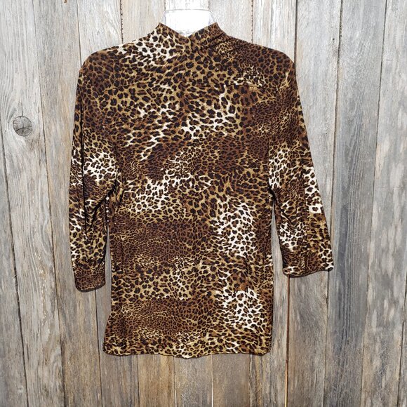 BDBGMAXAZRIA S Top Blouse Brown Black Animal Print Stretch V Neck 3/4 Sleeve - Picture 6 of 7